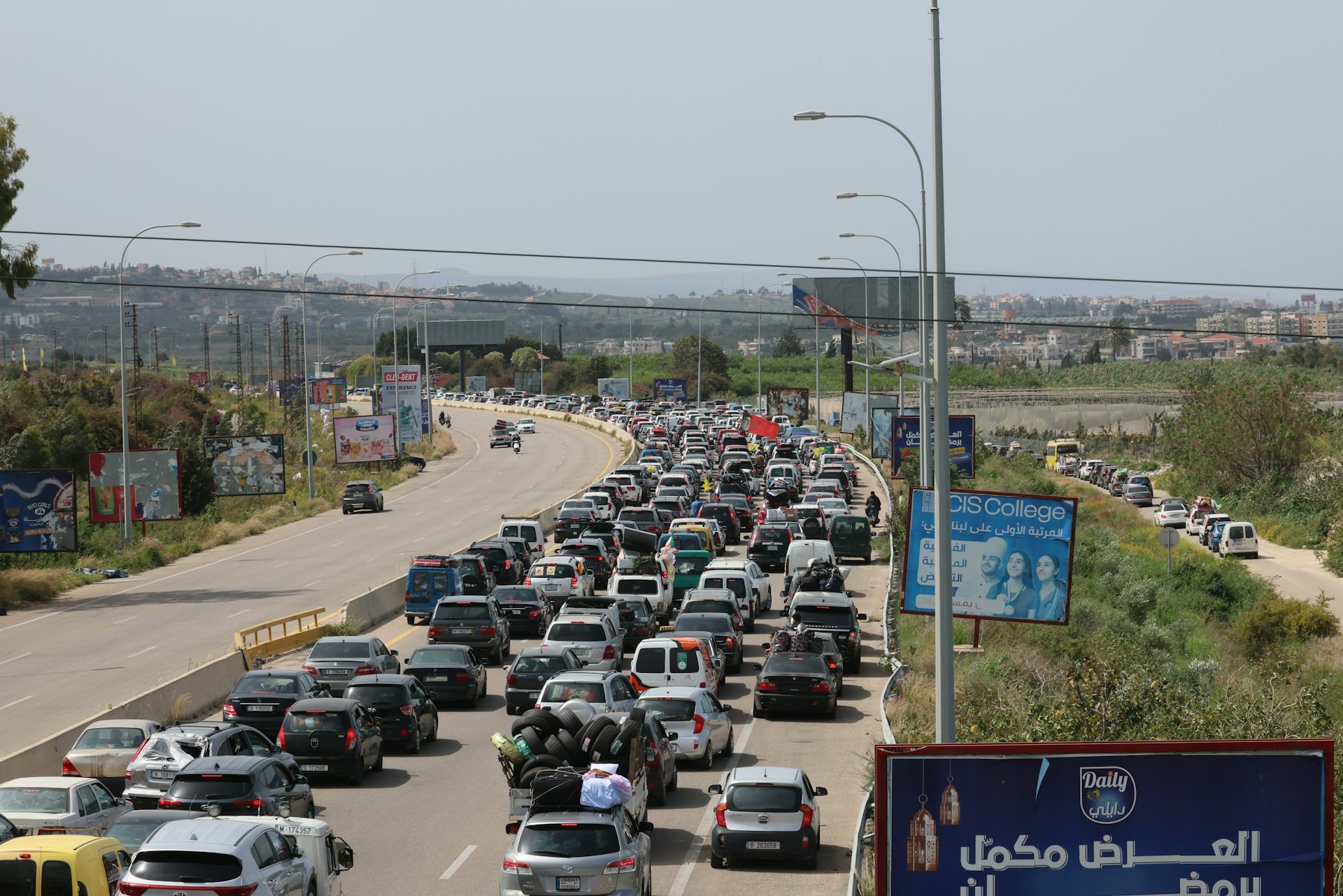 Traffic on a highway towards southern Lebanon as displaced residents return home.