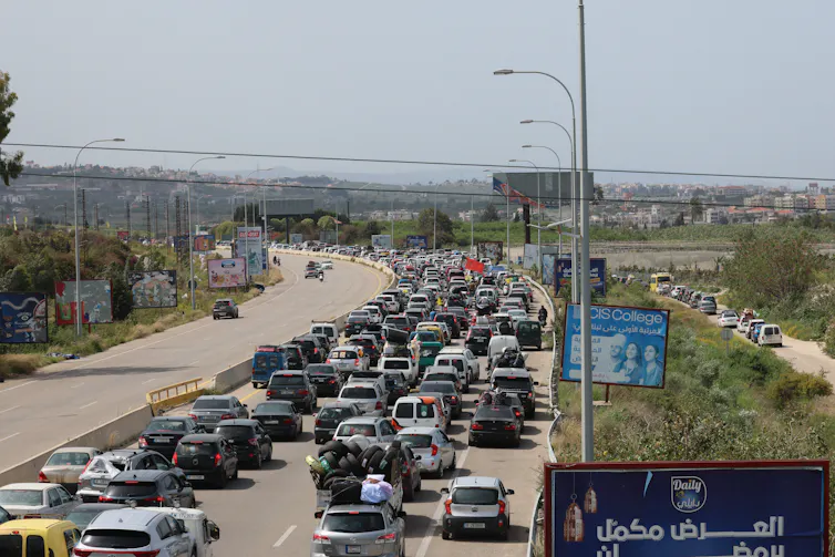 Traffic on a highway towards southern Lebanon as displaced residents return home.