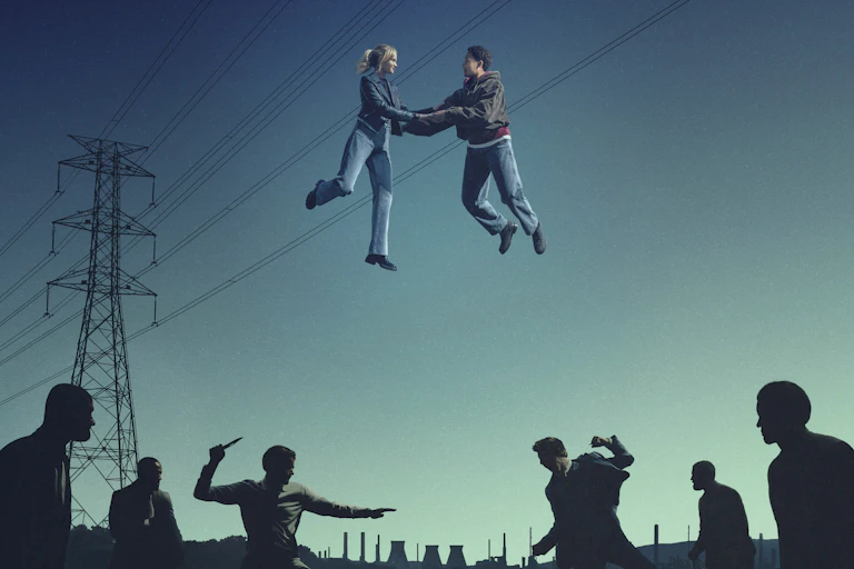 Emma Laird and Loyle Carner floating amid telephone wires