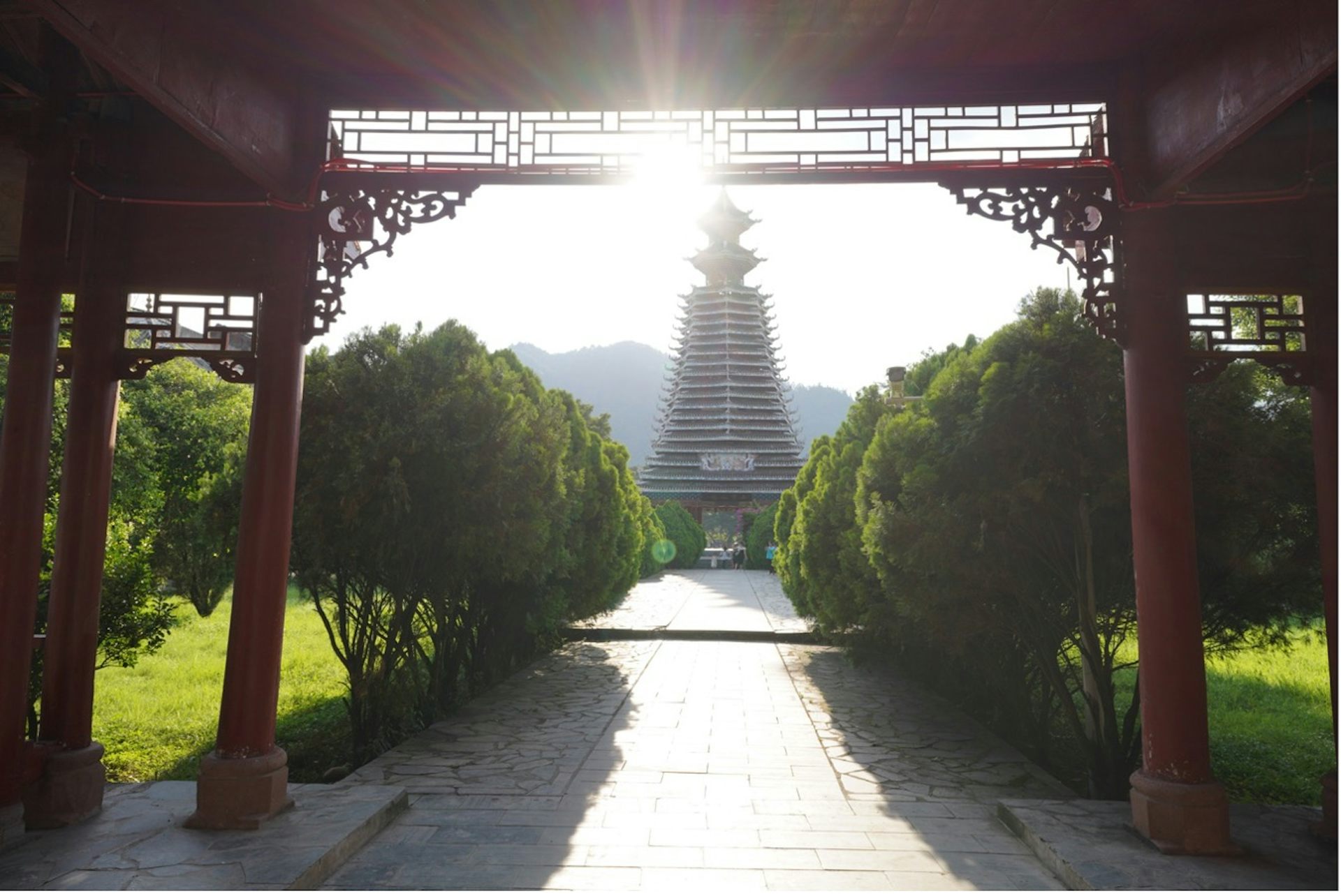 A newly built modern vaerion of a traditional Dong drum tower