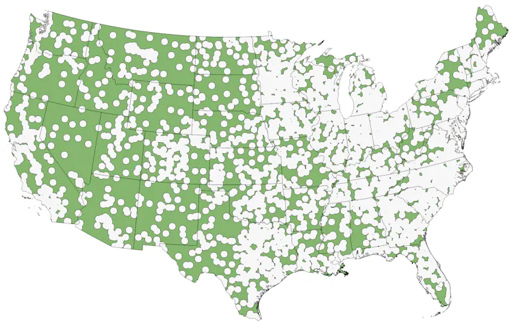 A map shows large gaps in many states, particularly across the West but also in large parts of Mississippi, Alabama, Missouri and Arkansas, as well as regions of the Northeast.
