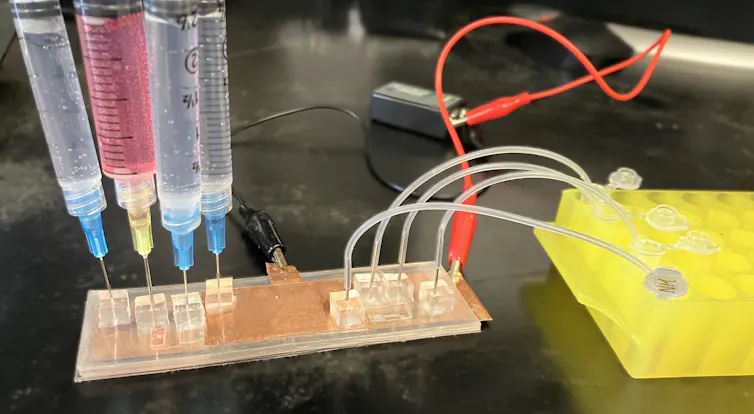 Un prototype composé de fils, de tubes à essai et d’un courant électrique