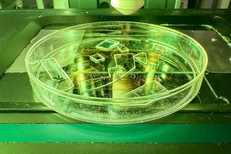 Small plastic samples in a dish under a microscope.