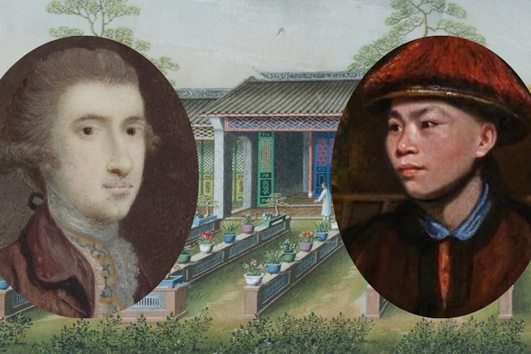 A painting of a garden overlaid with portrait paintings of a white man and a Chinese man.