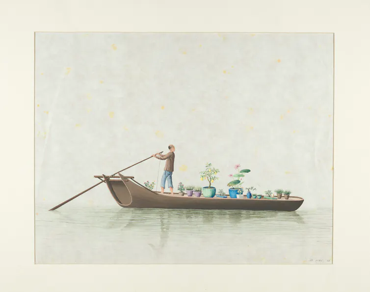 Painting of a river boat carrying brightly coloured plant pots with flowers and foliage