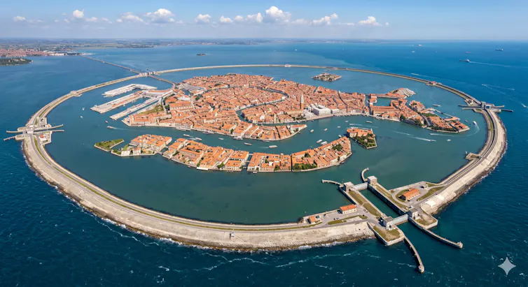 Aerial shot of Venice surrounded by dykes