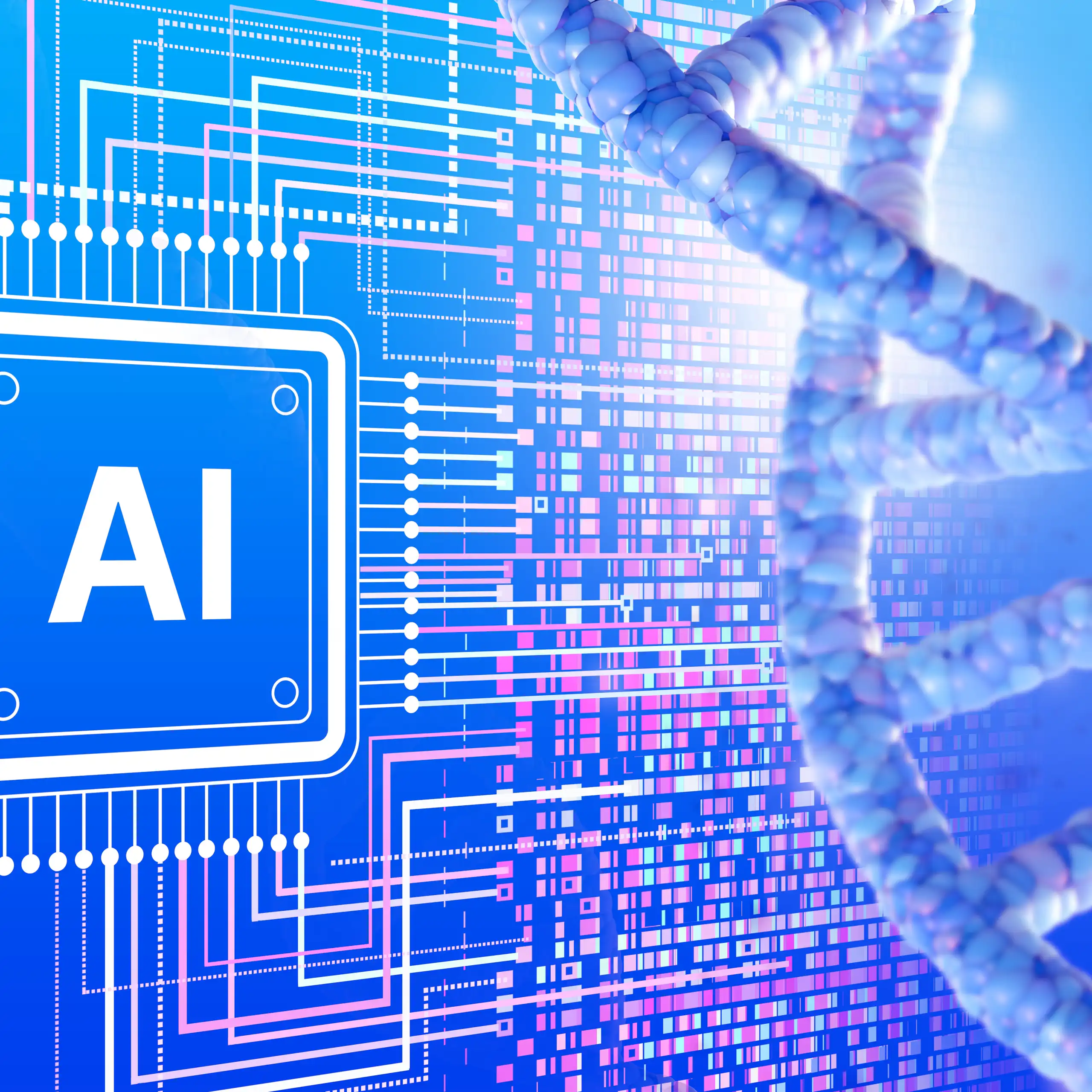 Un logo IA à côté d'une double hélice d'ADN