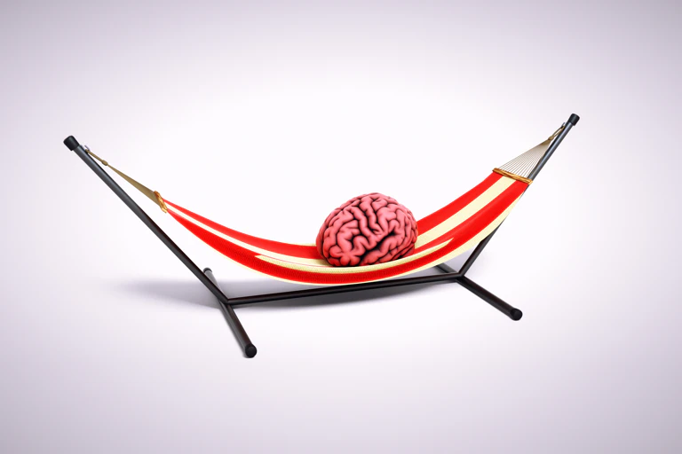 Illustration of human brain in red and white striped hammock
