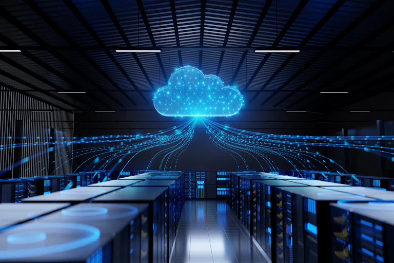 A large cloud hovers above a computer room.