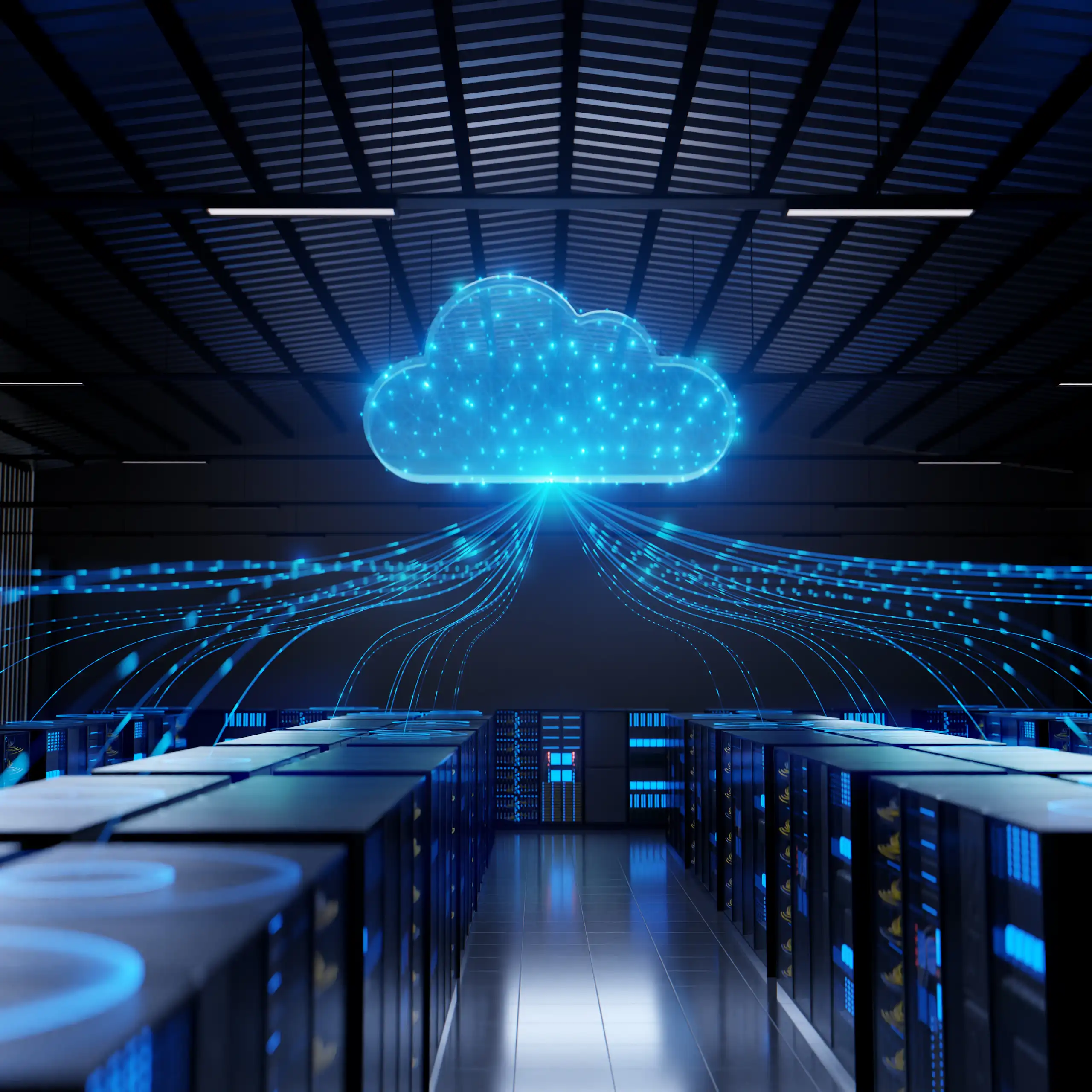 A large cloud hovers above a computer room.