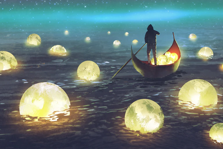 Dreamy illustration of a figure in a boat harvesting glowing moons on a river.