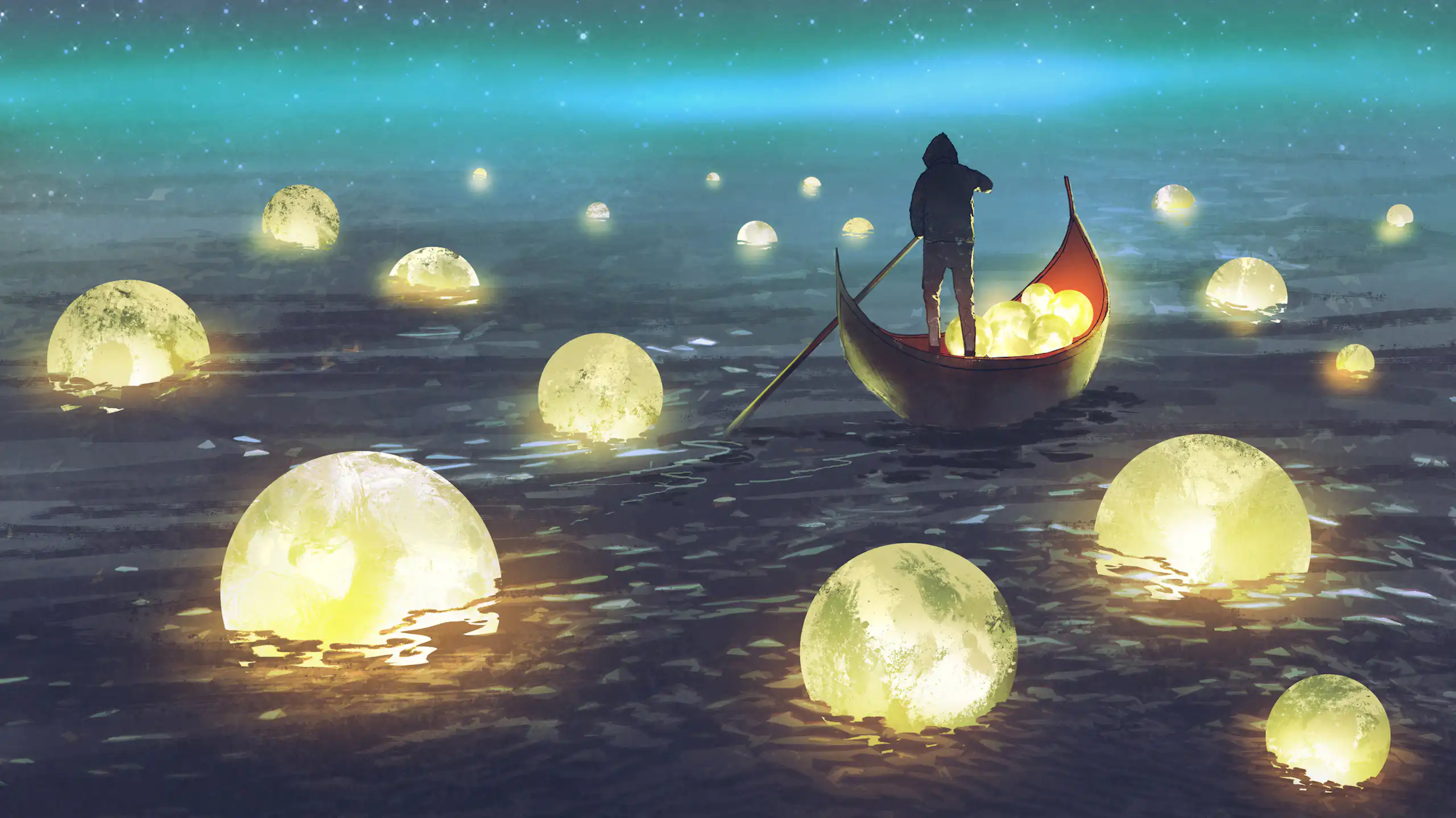 Dreamy illustration of a figure in a boat harvesting glowing moons on a river.