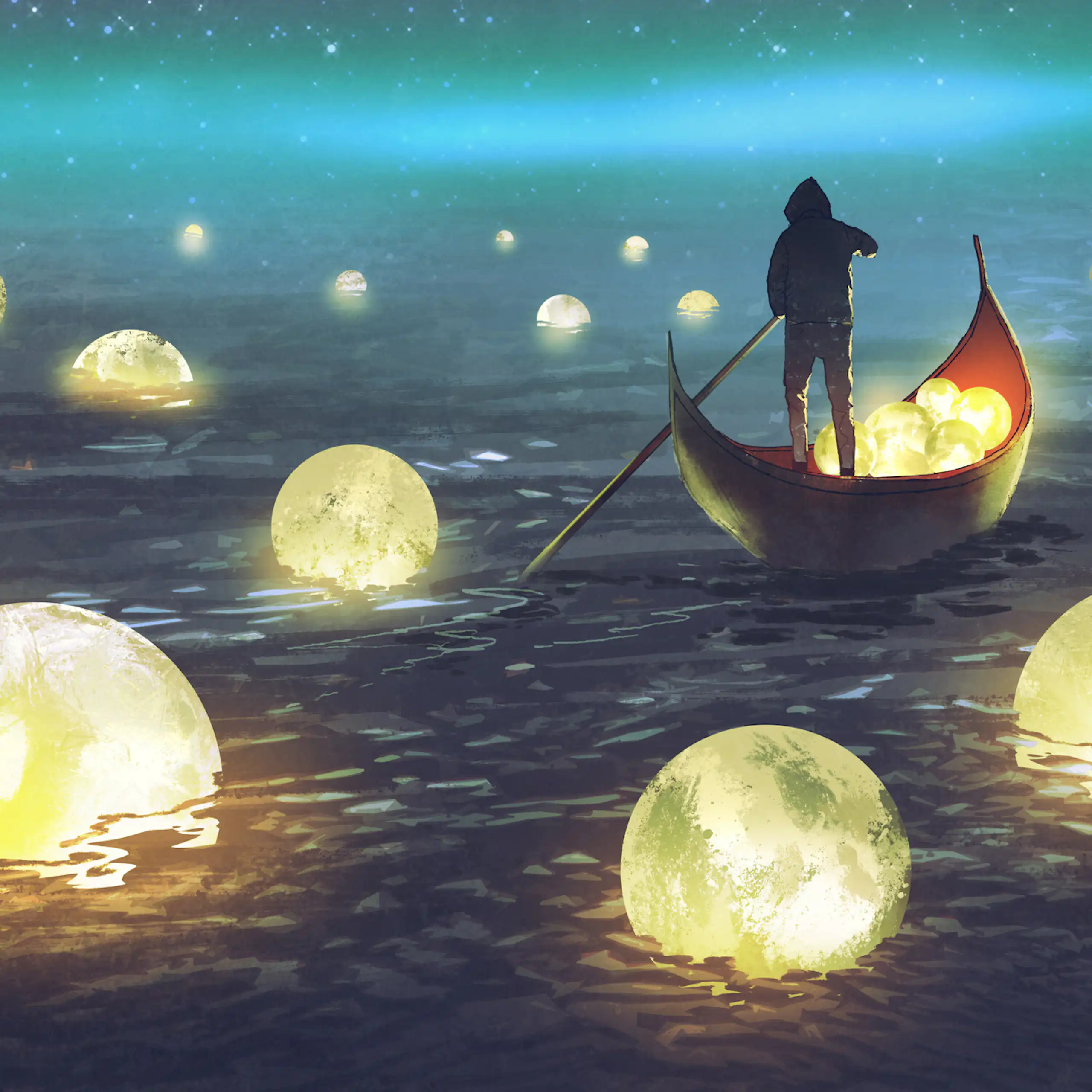 Dreamy illustration of a figure in a boat harvesting glowing moons on a river.