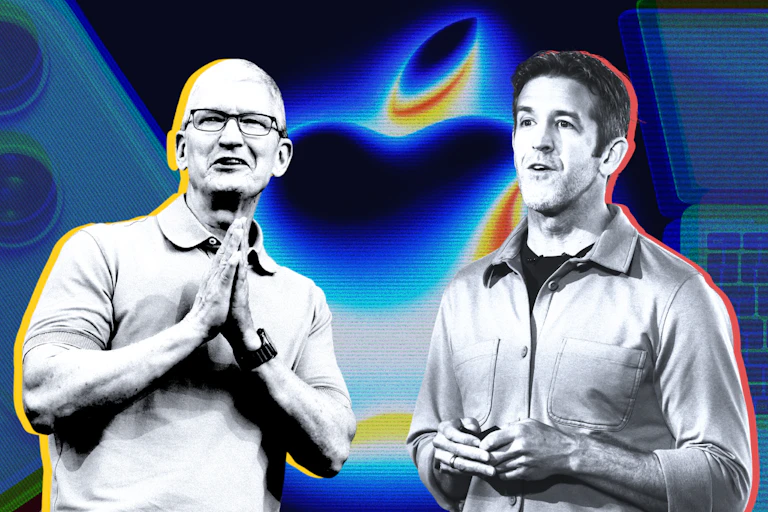 Composite image of two men with yellow and red silhouettes behind them, against a background showing Apple devices