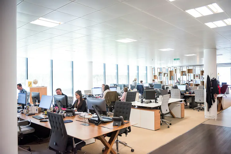 An open-plan modern office space, with people working at computers.