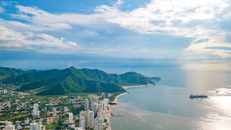 aerial view of colombian coast, calm sea and beaches