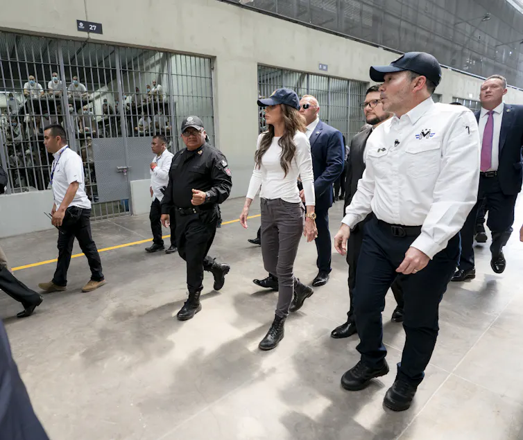 Kristi Noem receives a tour of Cecot with El Salvador's minister of justice and public security.