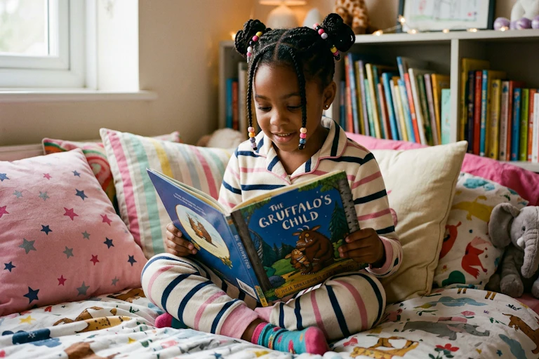 A young girl sitting on her bed eading from a picture book