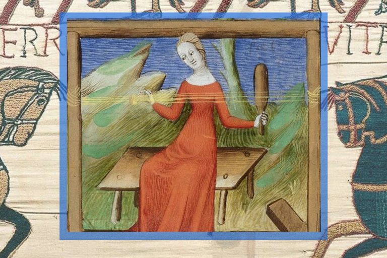 The Bayeux tapestry and a medieval illustration of a woman weaving.