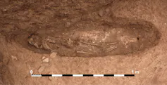 A skeleton emerges from the soil, dug out in an oval shape around it.