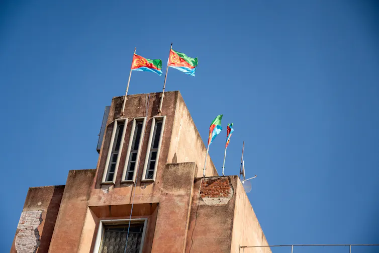 Building with flags against blue sky