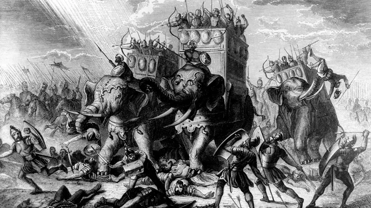 An etching of elephants and fighters in battle.