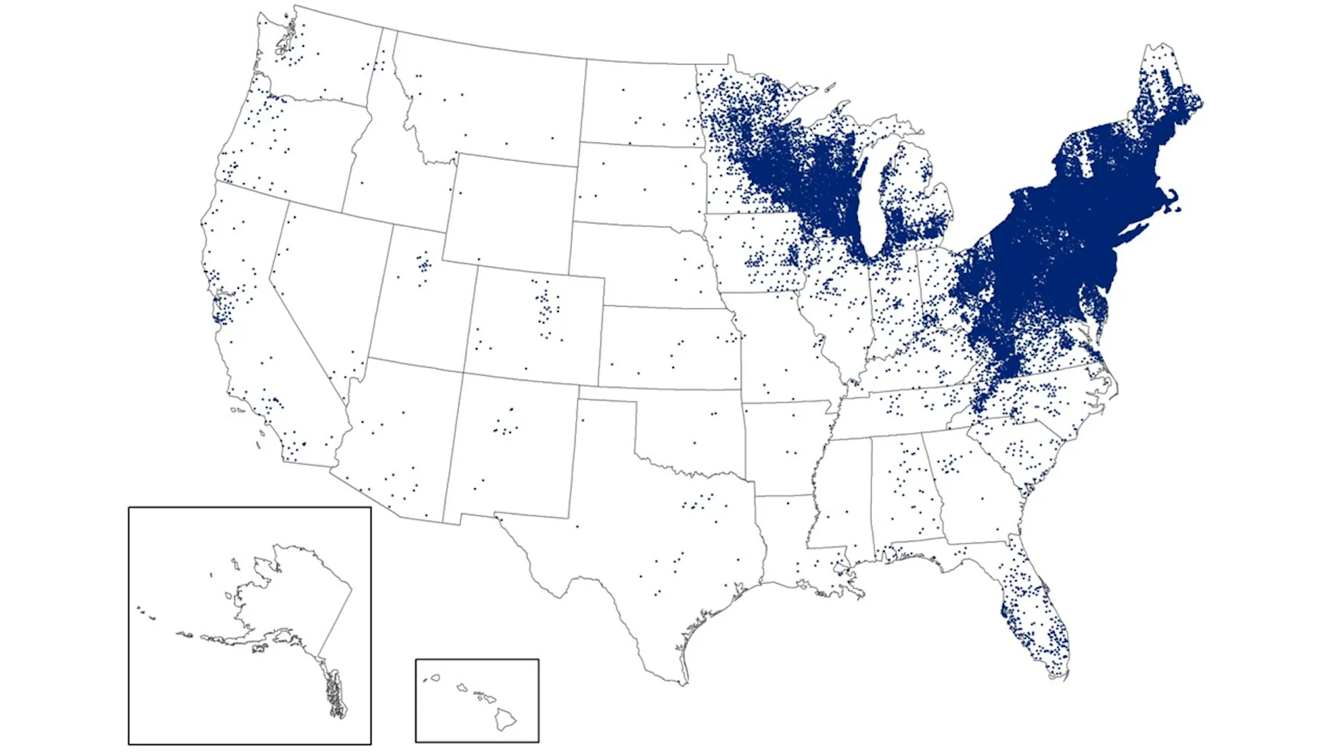 Map of the U.S. showing lots of Lyme disease incidence in the Northeast and in Upper Midwest states, plus a smattering elsewhere in the country