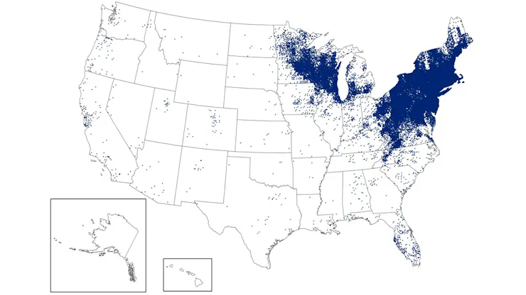 Map of the U.S. showing lots of Lyme disease incidence in the Northeast and in Upper Midwest states, plus a smattering elsewhere in the country