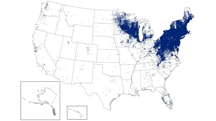 Map of the U.S. showing lots of Lyme disease incidence in the Northeast and in Upper Midwest states, plus a smattering elsewhere in the country