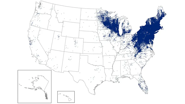 Map of the U.S. showing lots of Lyme disease incidence in the Northeast and in Upper Midwest states, plus a smattering elsewhere in the country