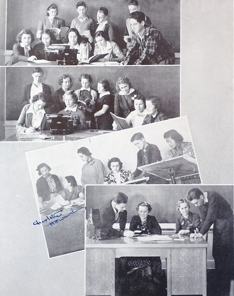 A series of black-and-white photos shows teenagers sitting around tables together and looking at different large papers.