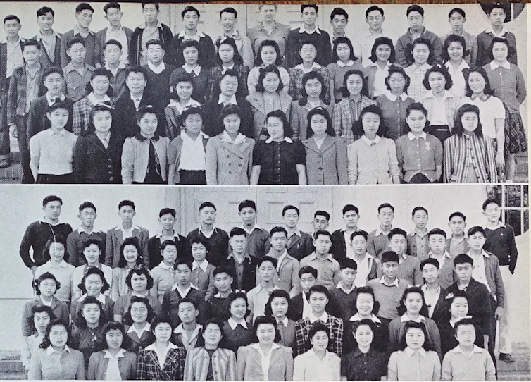 Two black-and-white photos show large groups of Japanese teenagers posing together in a formal class photo.