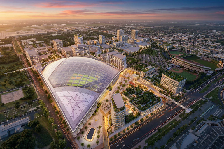 illustration of a stadium surrounded by trees, businesses and high rises