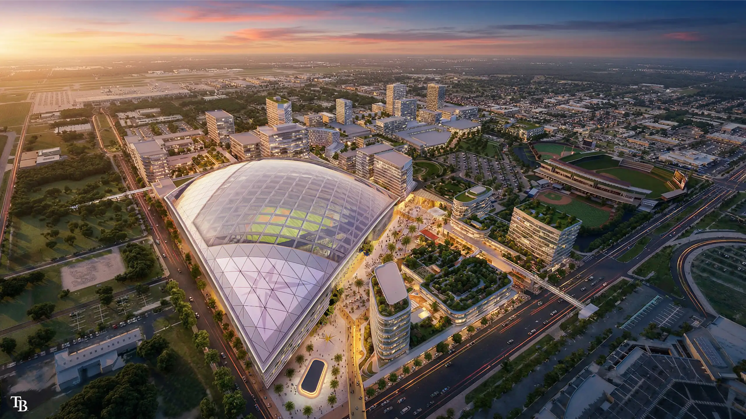 illustration of a stadium surrounded by trees, businesses and high rises