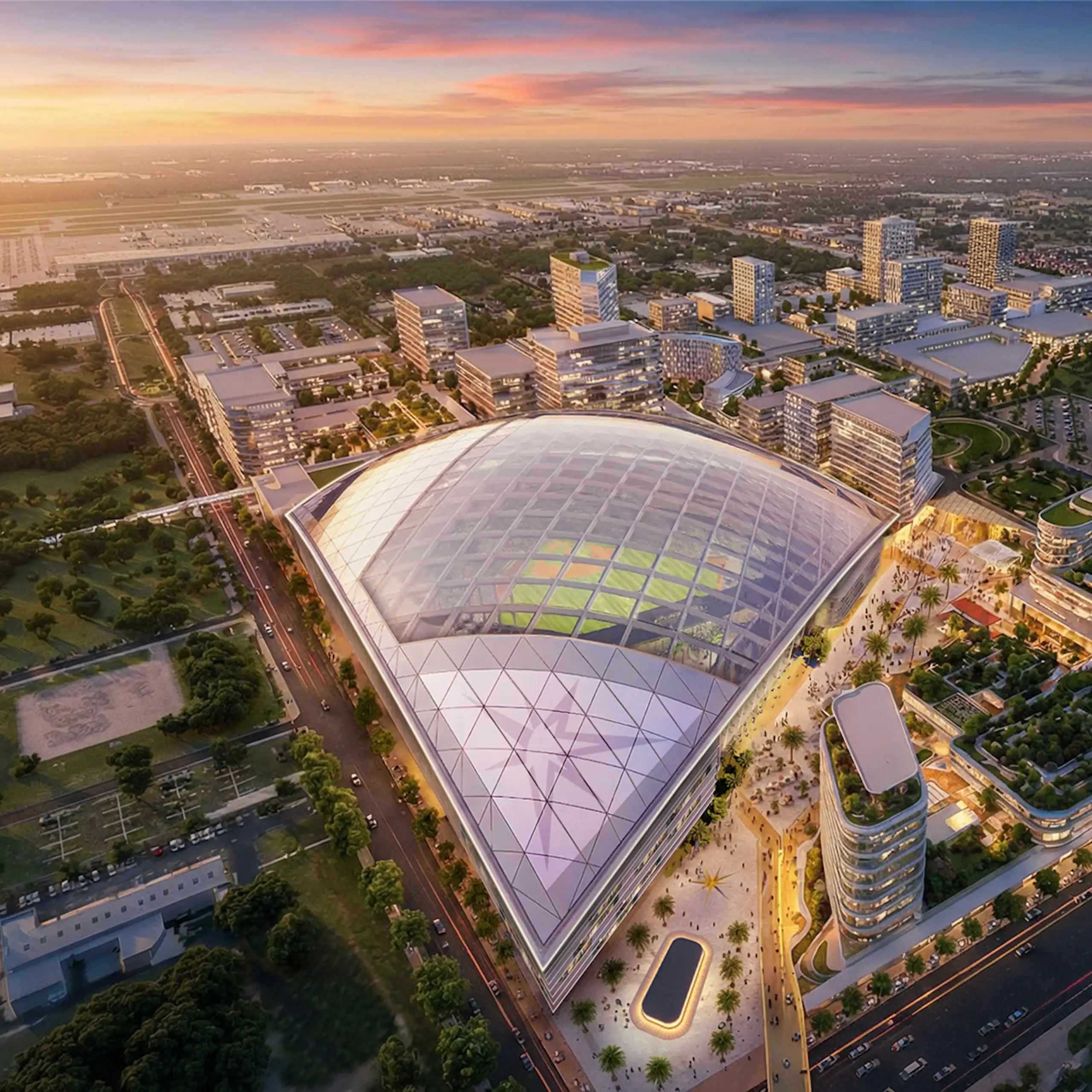illustration of a stadium surrounded by trees, businesses and high rises