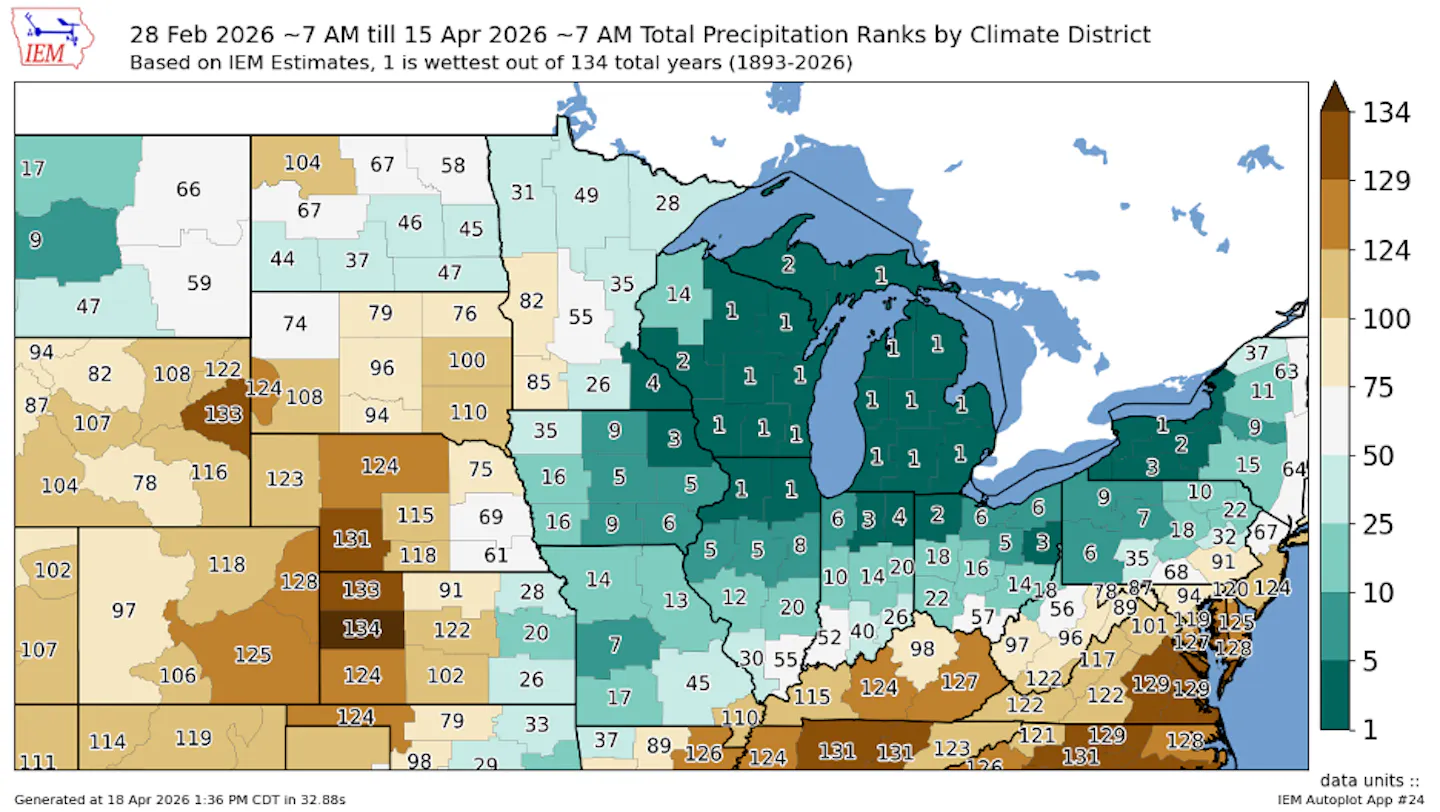 Much of the upper Midwest was exceptionally wet in March and April 2026.