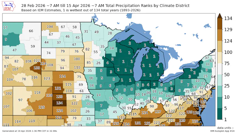 Much of the upper Midwest was exceptionally wet in March and April 2026.