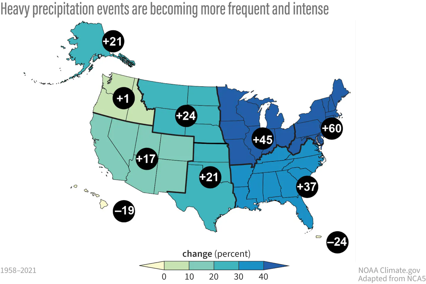A US map showing the highest increase in rainfall from extreme downpours across the Upper Midwest and Northeast.