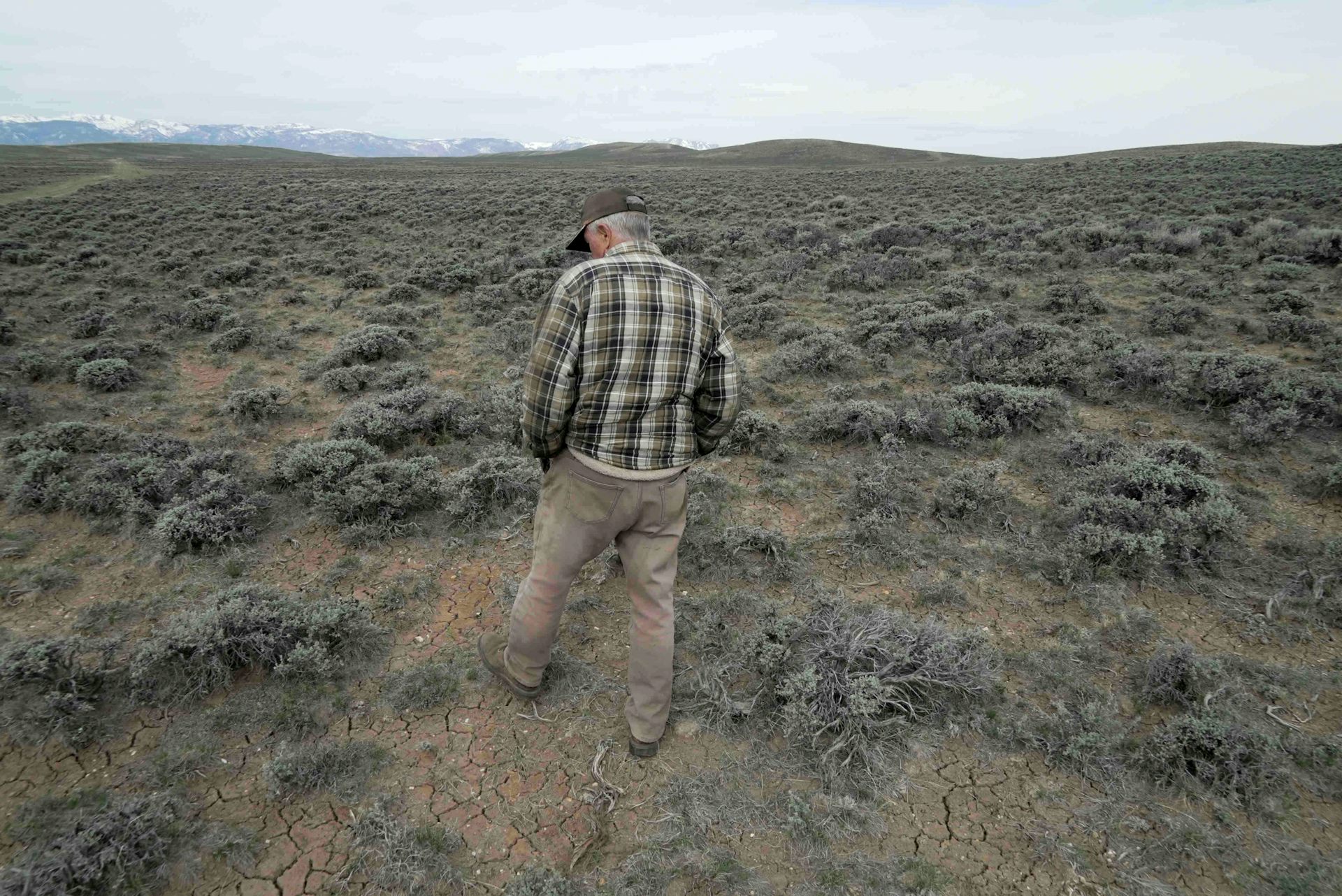 Un hombre camina por un paisaje seco.
