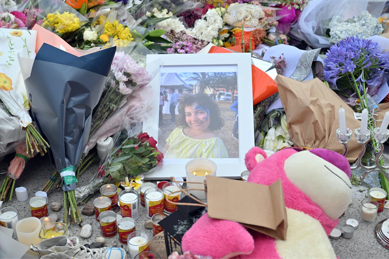 Floral tribute at makeshift memorial at the Bondi Pavillion following a shooting at Bondi Beach