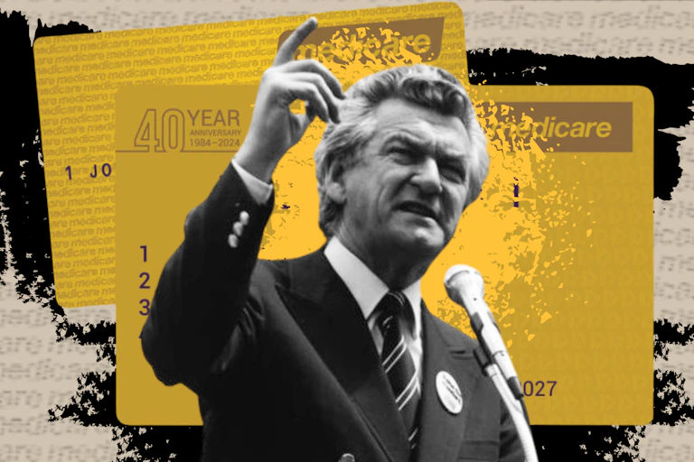 Bob Hawke against a yellow background of Medicare cards