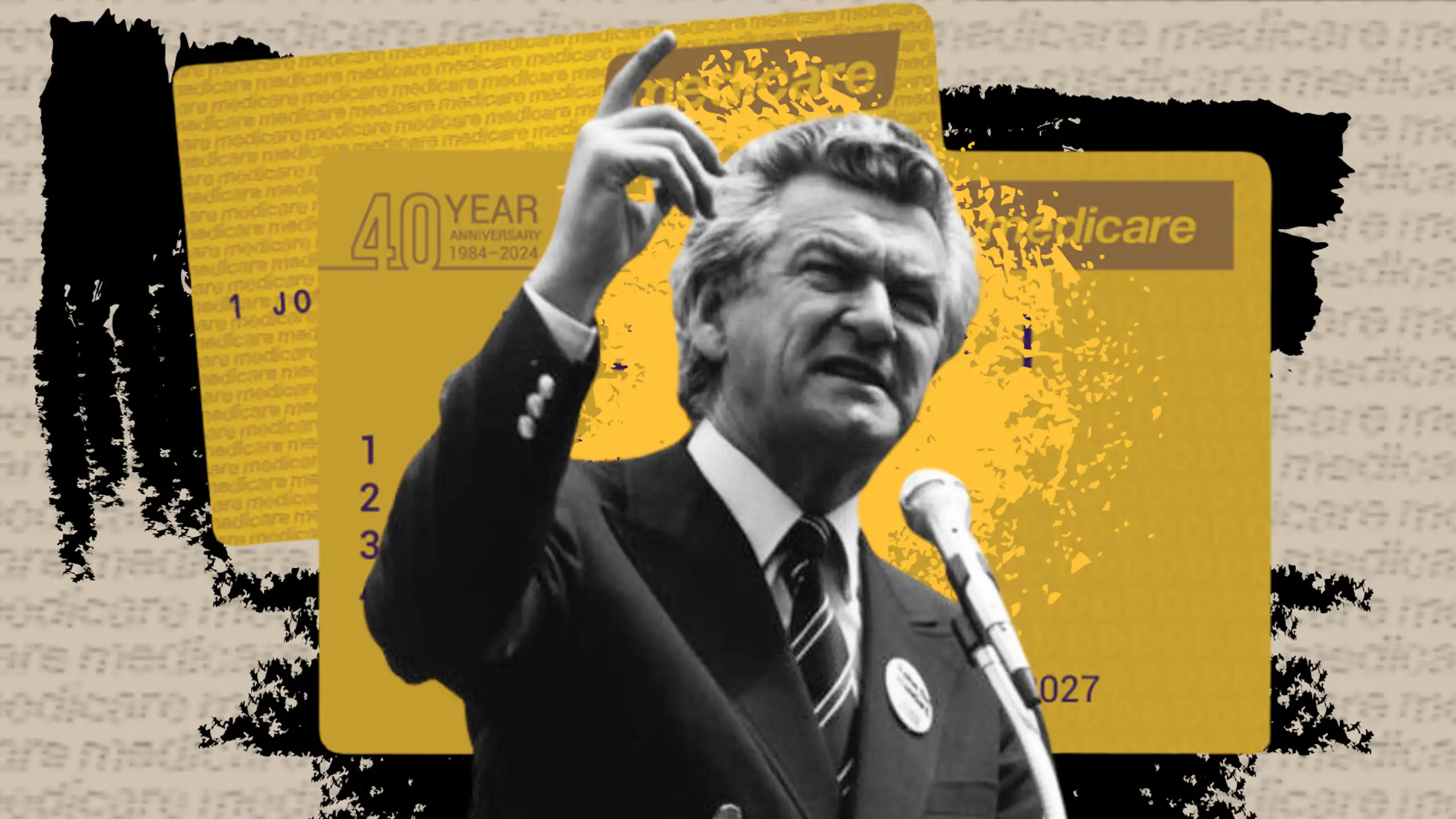 Bob Hawke against a yellow background of Medicare cards