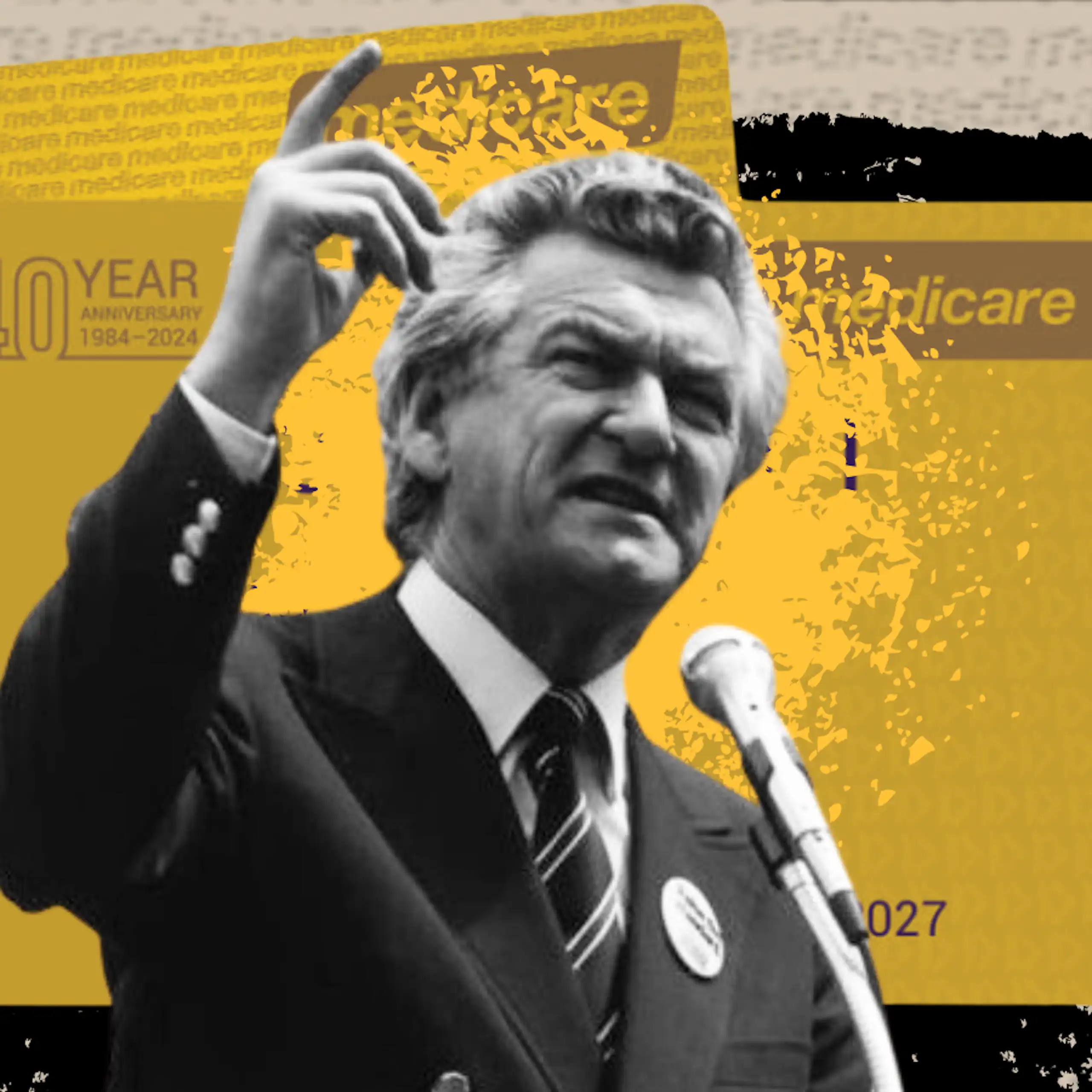 Bob Hawke against a yellow background of Medicare cards