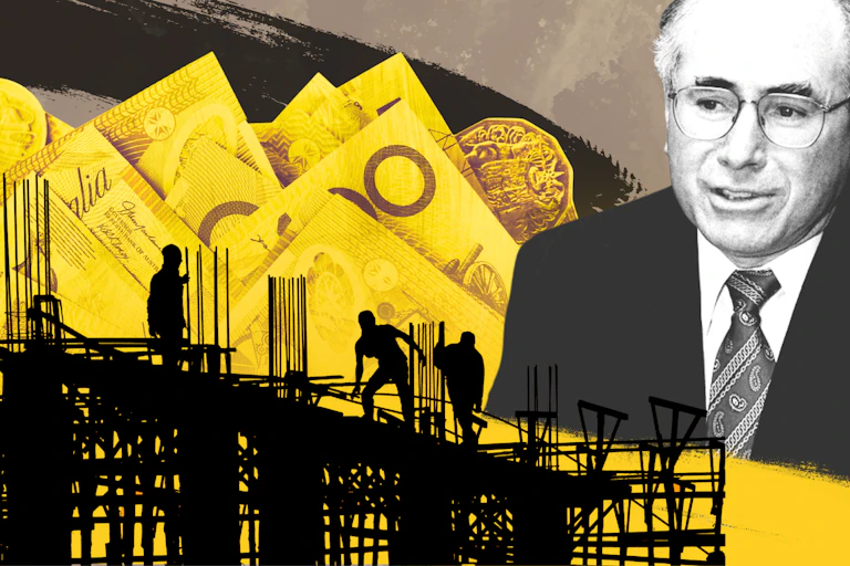 A composite of John Howard next to a building site