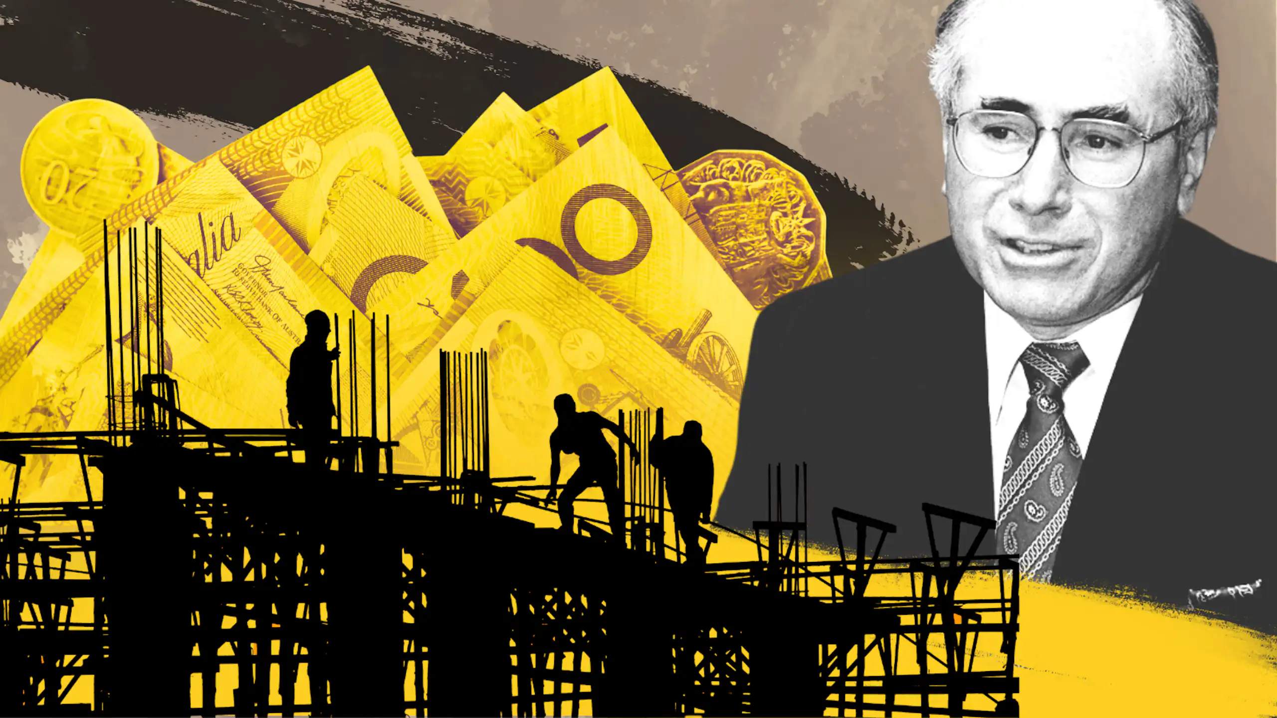 A composite of John Howard next to a building site