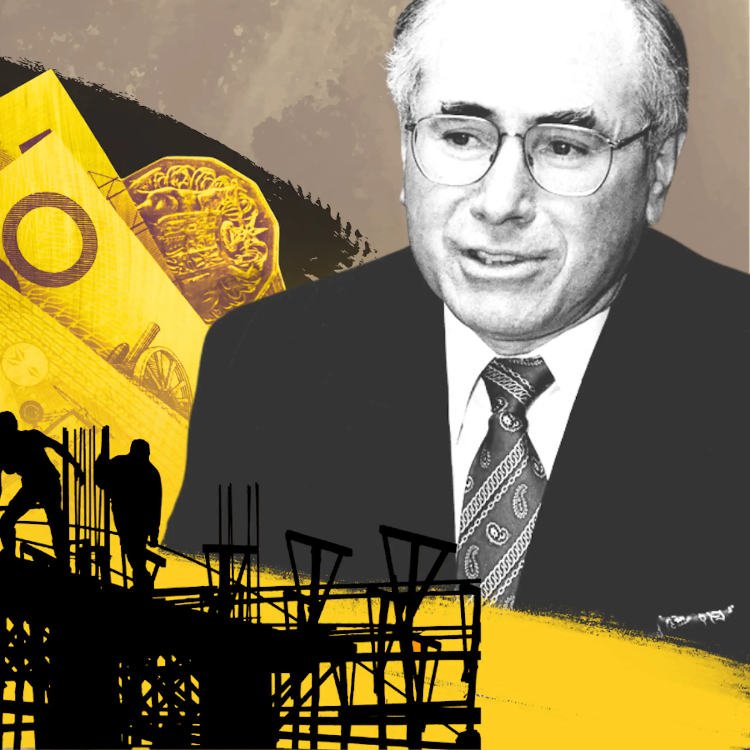 A composite of John Howard next to a building site