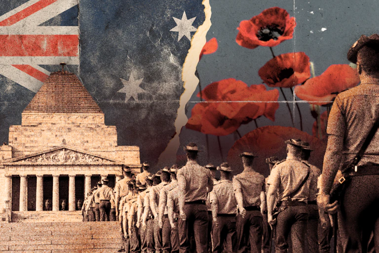 Composite image of Australian soldiers, the Australian flag, and poppies