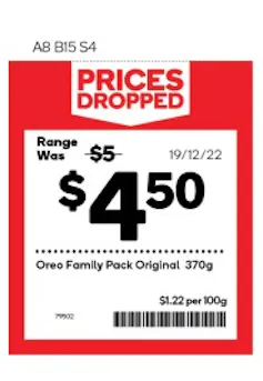 A Woolworths label showing prices dropped from $5 to $4.50 for Oreos biscuits
