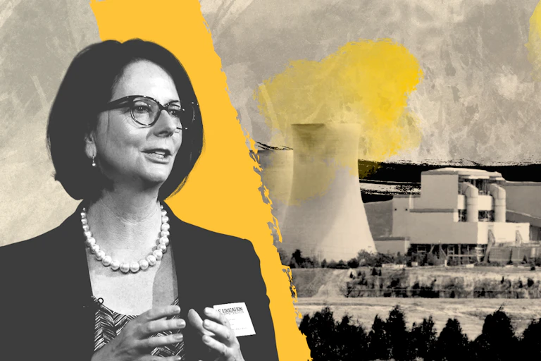 A composite image of Julia Gillard in front of a coal factory