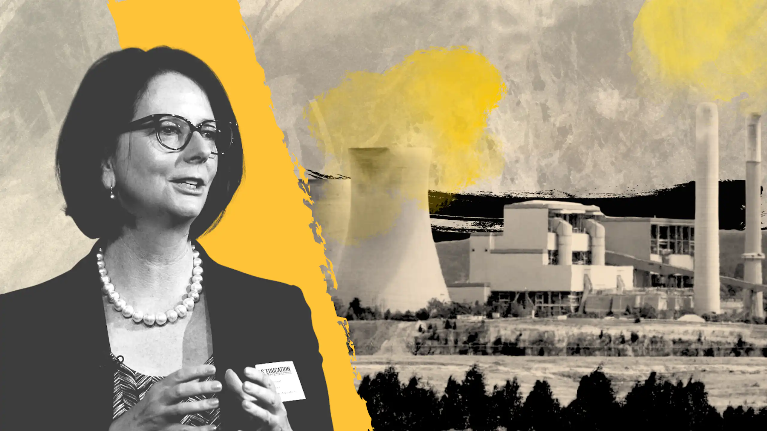 A composite image of Julia Gillard in front of a coal factory